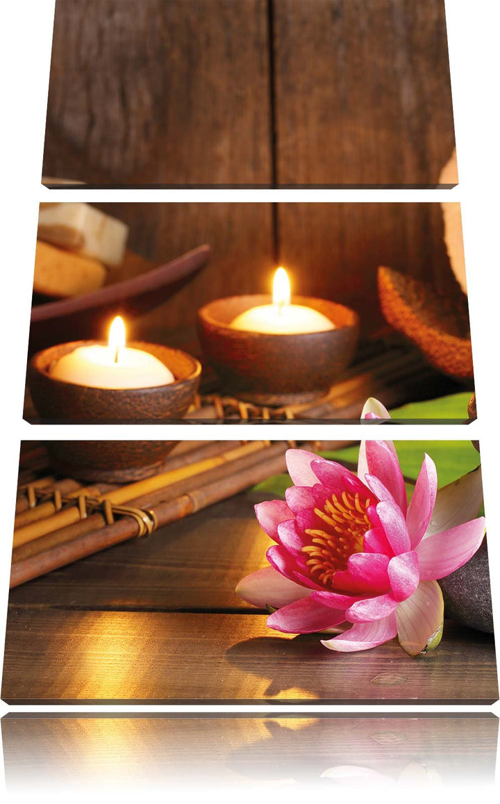 Pixxprint Kerzen mit Zen Steinen und Seerose als Leinwandbild | Grösse: 3 Teilig (120x80) | Wandbild