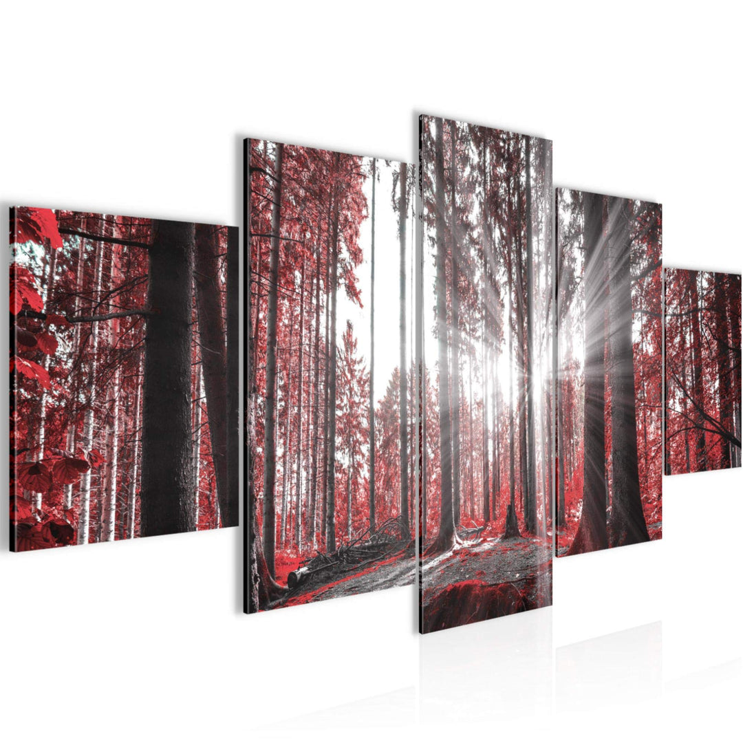 Runa Art Bild Schlafzimmer Wohnzimmer Wald Landschaft 5 Teilig Sonne Rot Wandbilder auf Vlies Leinwa