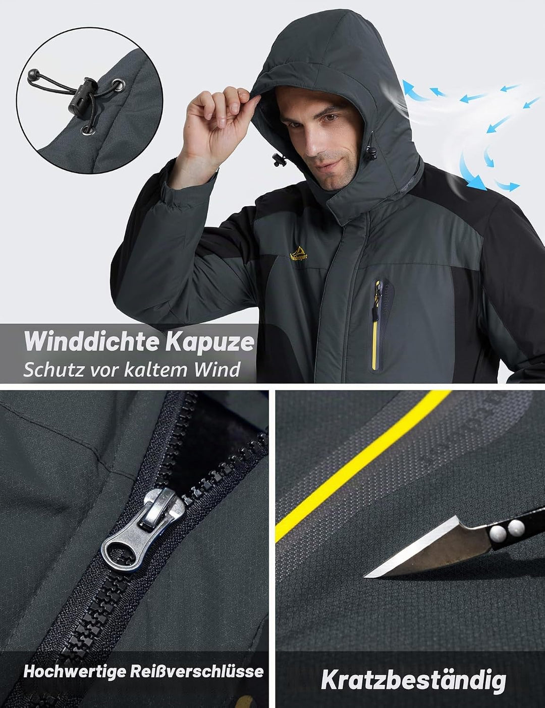 TACVASEN Herren Warme Skijacke Gefütterte Winterjacke Wasserabweisende Funktionsjacke mit Abnehmbare