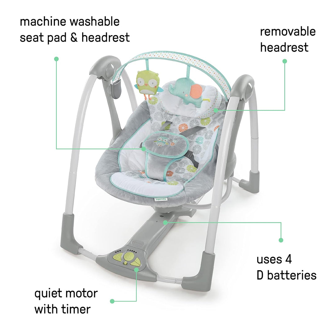 Ingenuity Hugs & Hoots zusammenklappbare & tragbare Babyschaukel, 5 Schaukelgeschwindigkeiten & Dura