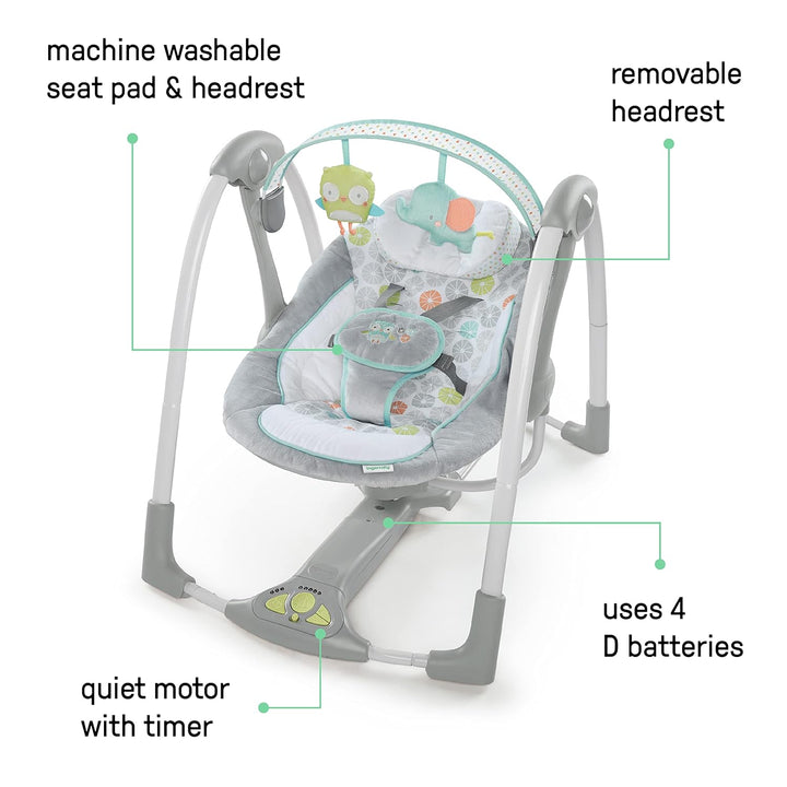 Ingenuity Hugs & Hoots zusammenklappbare & tragbare Babyschaukel, 5 Schaukelgeschwindigkeiten & Dura