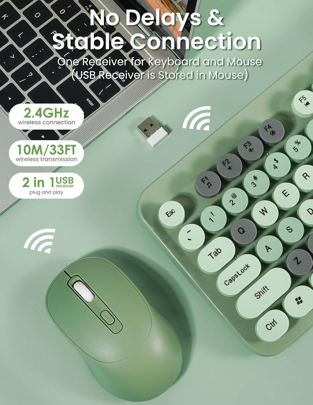 LAMA Tastatur Maus Set Kabellos, Retro runde Schreibmaschine Tastatur mit 104 Tasten &amp; Ziffernblock,