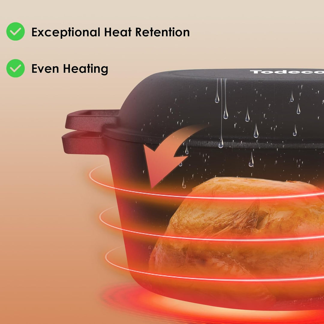 Todeco 26cm Gusseisen Bräter mit Deckel backofengeeignet, 5L 2in1 Gusseisen Topf inkl. Rezeptbuch, B