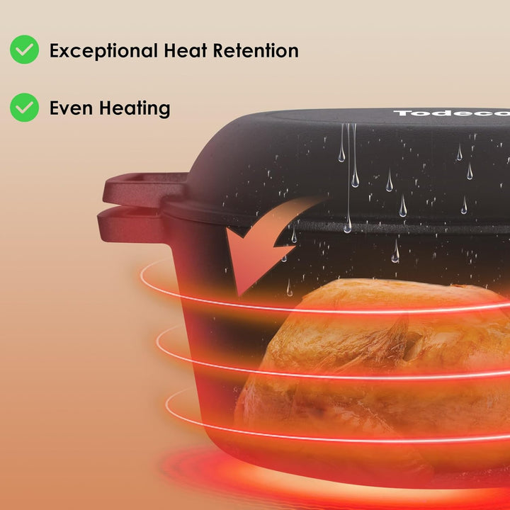 Todeco 26cm Gusseisen Bräter mit Deckel backofengeeignet, 5L 2in1 Gusseisen Topf inkl. Rezeptbuch, B