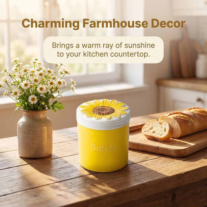 Butterdose mit Sonnenblumen-Motiv, französische Butterdose, Keramikbecher, Butterhalter mit Wasserli