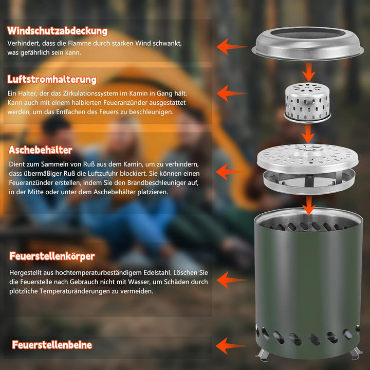 Rauchfreie Feuerstelle für Camping, Edelstahl Tischkamin, Tragbare Mini Feuertonne 14cm ⊘ * 20cm H B
