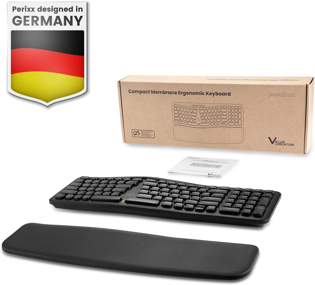 Perixx PERIBOARD-636DE Wireless Ergonomic Compact Keyboard, Leise Tasten, 2.4G Technologie, Abnehmba
