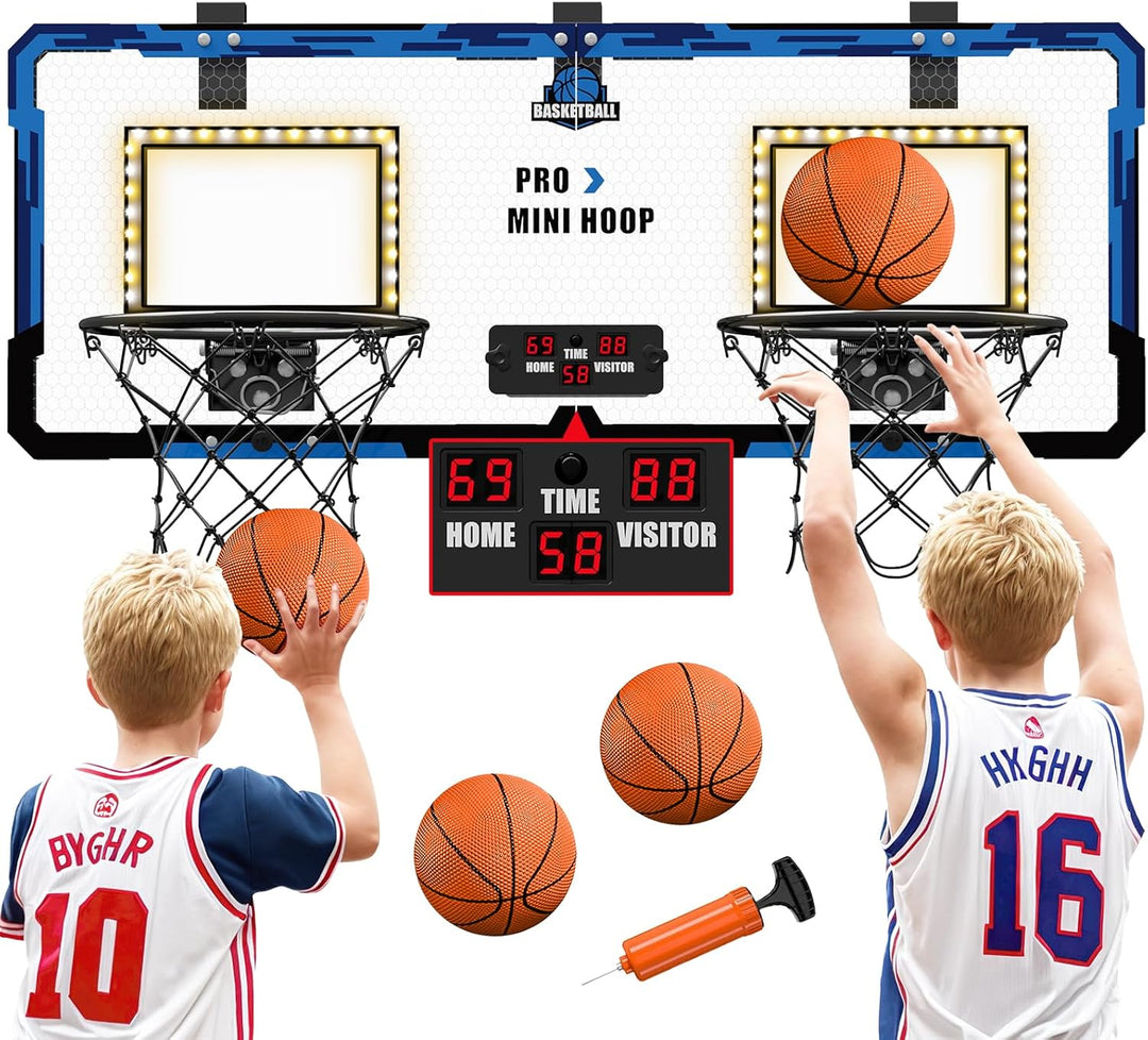 HYES 2-Spieler Basketballkorb für Kinder mit LED-Licht, Basketballkorb für Kids mit 4 Ball Pumpe Ind