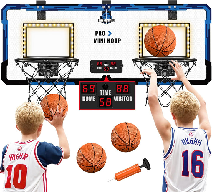 HYES 2-Spieler Basketballkorb für Kinder mit LED-Licht, Basketballkorb für Kids mit 4 Ball Pumpe Ind