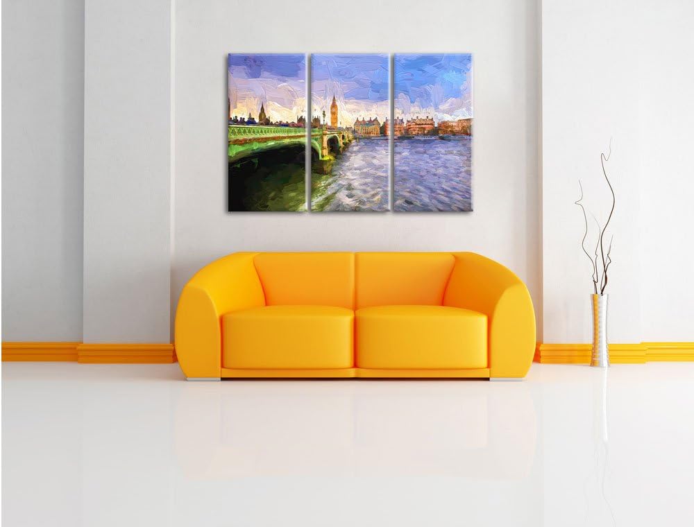 Pixxprint Big Ben mit Brücke in London Pinsel Effekt 3-Teiler Leinwandbild 120x80 Bild auf Leinwand