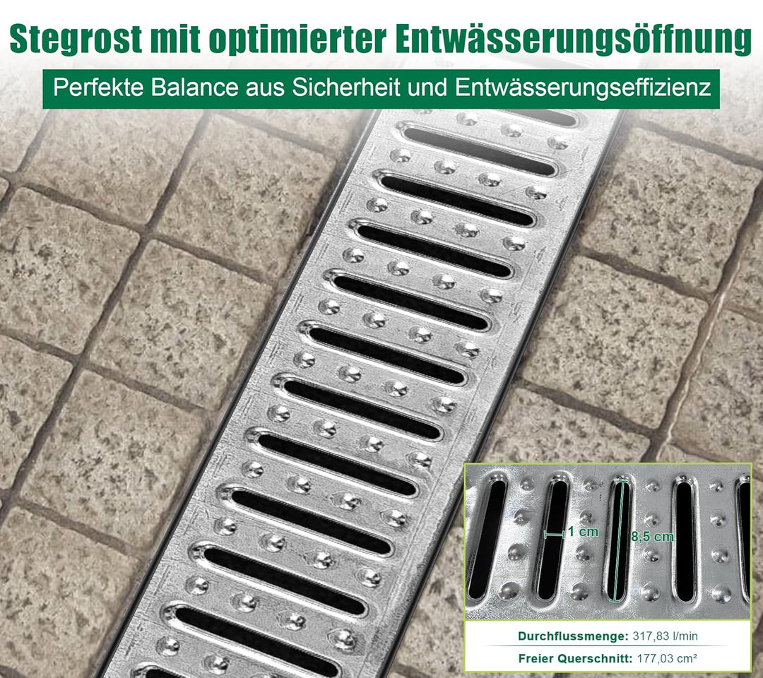 1m Set Entwässerungsrinne mit Abdeckrost aus Stahl Verzinkt - Aussenmass 1000 x 155 x 140 mm - Boden