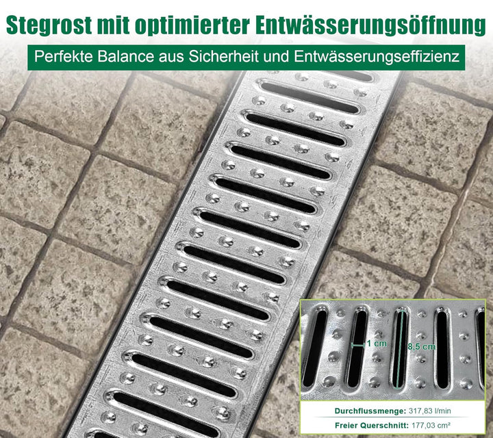 1m Set Entwässerungsrinne mit Abdeckrost aus Stahl Verzinkt - Aussenmass 1000 x 155 x 140 mm - Boden
