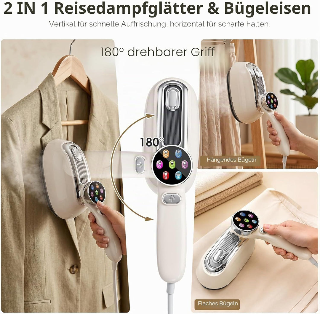 Dampfglätter, 2 IN 1 1300W Reisedampfglätter mit 6 Dampfstufen, LED-Anzeige und 180° Drehbarem Griff