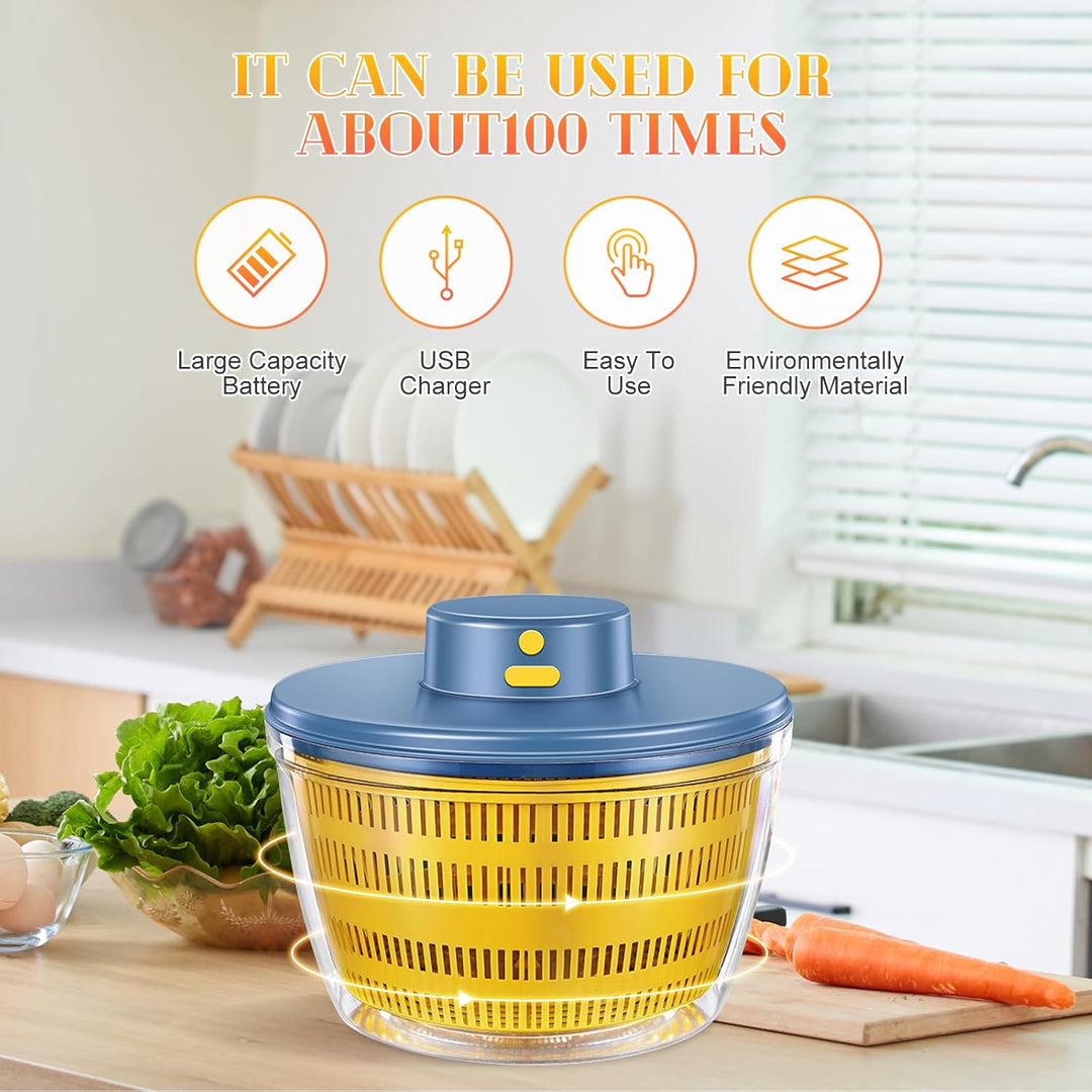 Elektrische Salat-Essore 4000 ml, für Obst und Gemüse, Gelb | Automatisch mit Deckel, schnelles Troc
