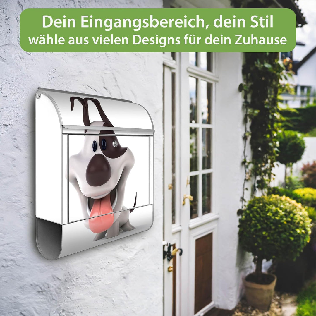 banjado® Design Briefkasten mit Motiv Comic-Hund 39x47x14cm &amp; 2 Schlüssel - Briefkasten Stahl Silber