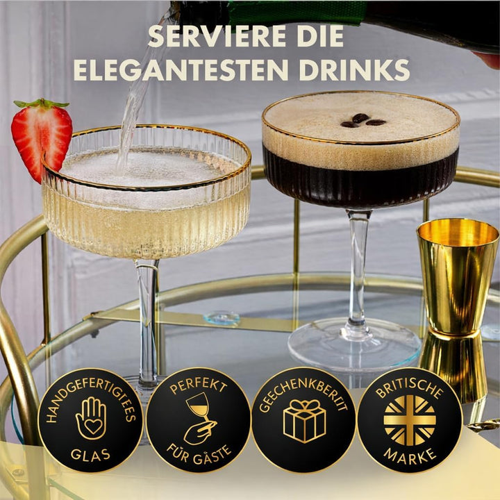Vemacity Espresso Martini Gläser 4er Set mit Goldrand & Cocktail Zubehör | Gerippte Glas | Handgefer