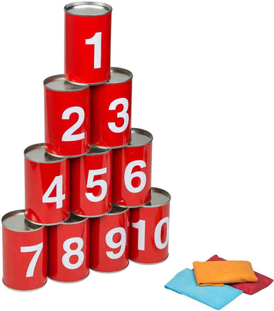 Idena 40189 - Spiel-Set Dosenwerfen mit 10 nummerierten Metall-Dosen und 3 Sand-Säckchen, Wurf- und