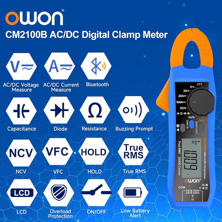 OWON CM2100B Digital Zangenmessgerät Bluetooth Automatische Bereichswahl 20000 Zählungen AC/DC-Wider