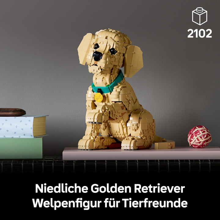 LEGO Icons Golden Retriever Welpe - Modellbau für Erwachsene - 3D Tierfigur zum Ausstellen mit Halsb