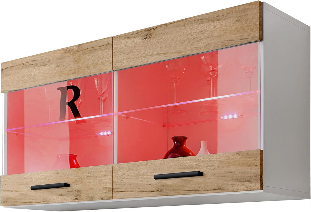 Komodee, Vitrine Schrank Savona, Weiss/Wotan, Breite 100cm x Höhe 50cm x Tiefe 30cm, LED RGB, 2 Glas
