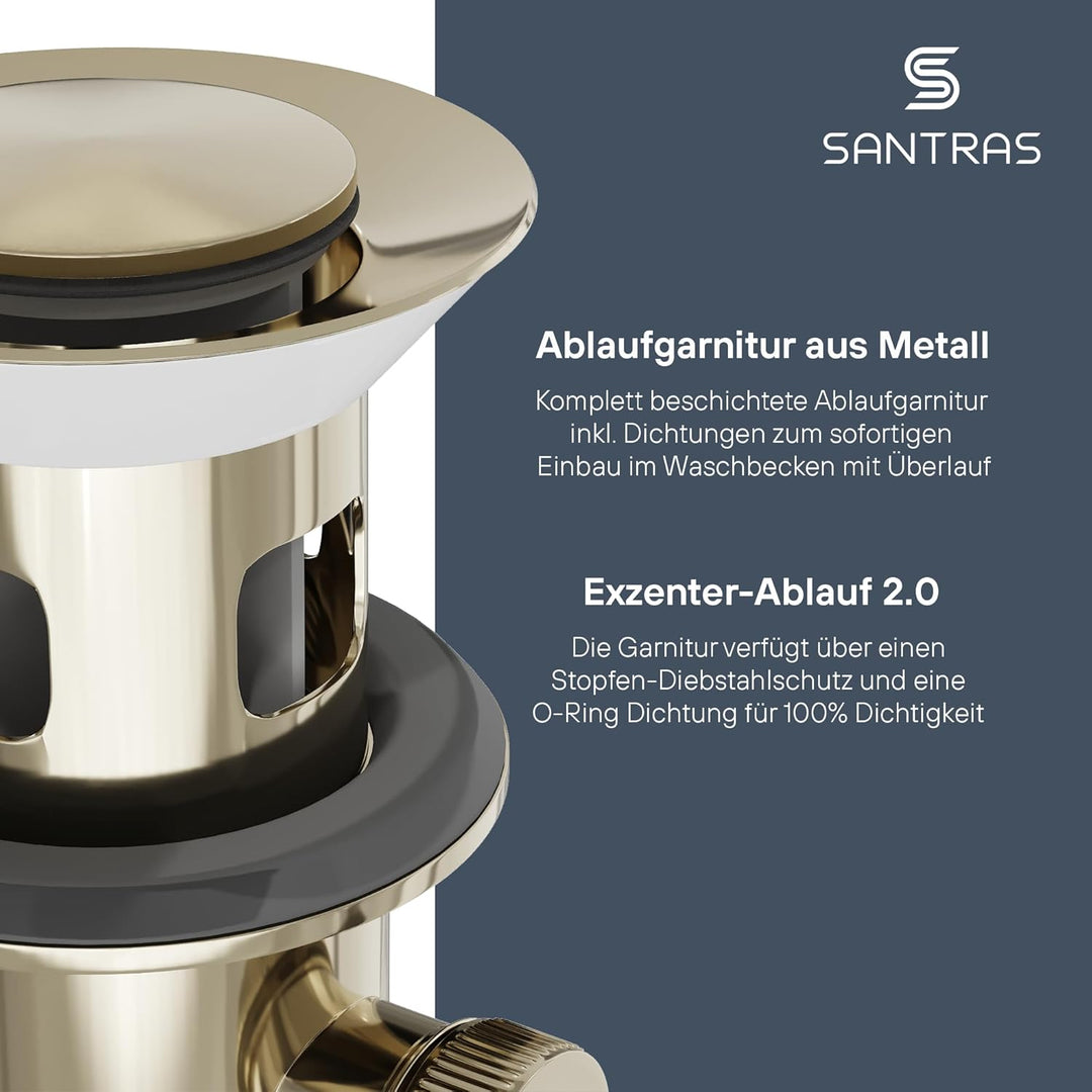 SANTRAS® Exzenter Ablaufgarnitur PREMIUM für Waschtisch mit Schutz vor Überlauf in Edelmessing – Kom