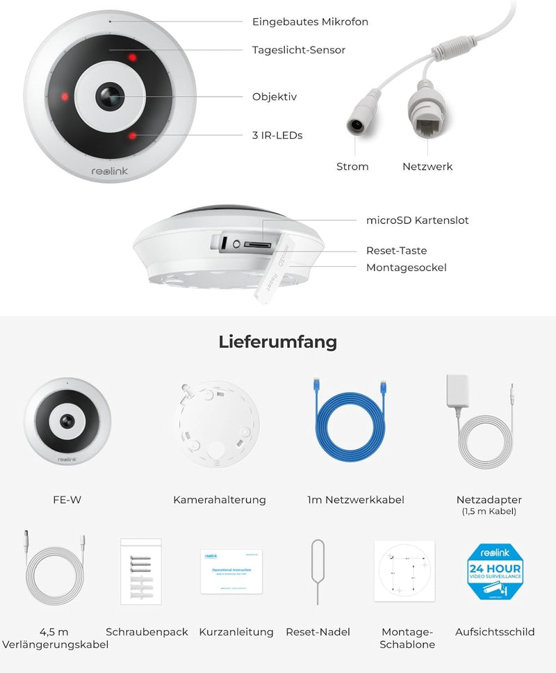 Reolink 6MP WLAN Überwachungskamera Innen, 360° Blick Panorama Fisheye Kamera mit 2,4/5 GHz WLAN, Pe