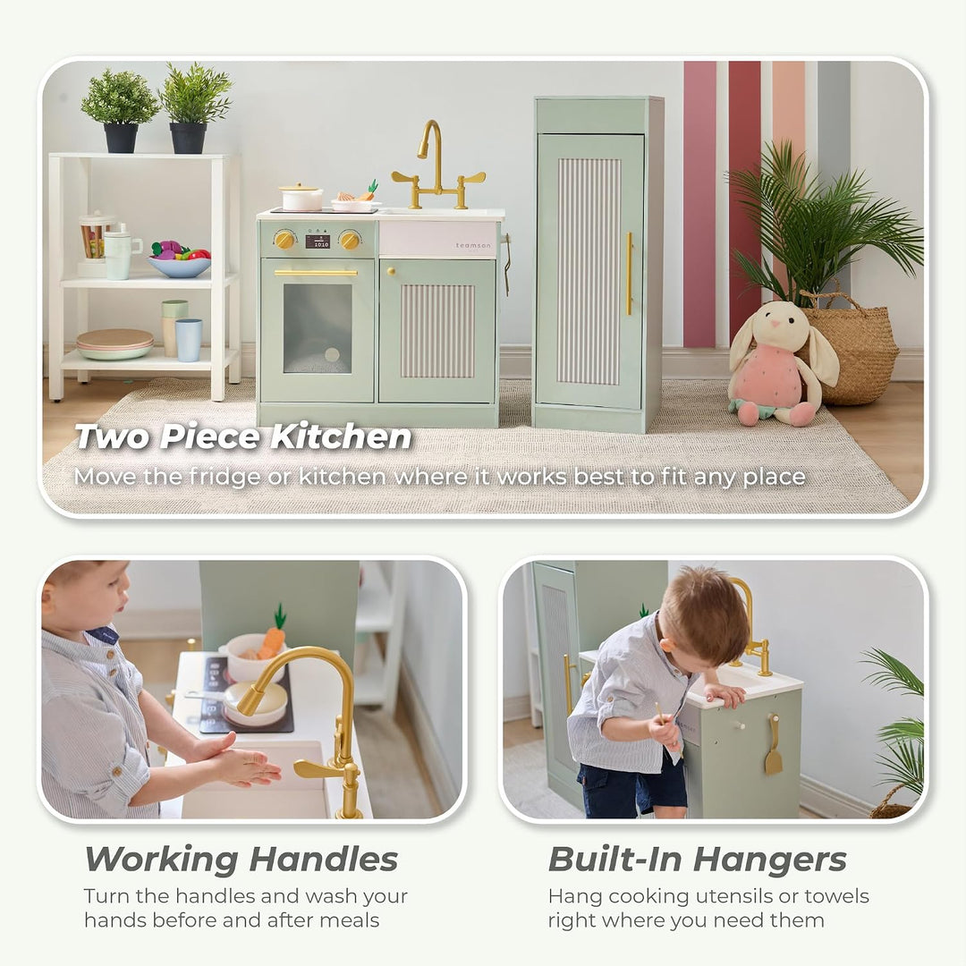 Teamson Kids Little Chef Chester Kinderküche in Grün mit Zubehör, Spielküche für Kinder aus Holz mit
