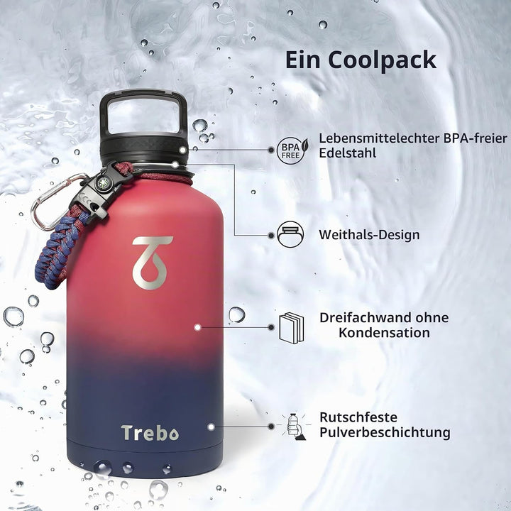 Thermosflasche mit Strohhalm 2L, Trebo Trinkflasche Edelstahl mit Paracord-Griff & 3 Deckeln, Edelst