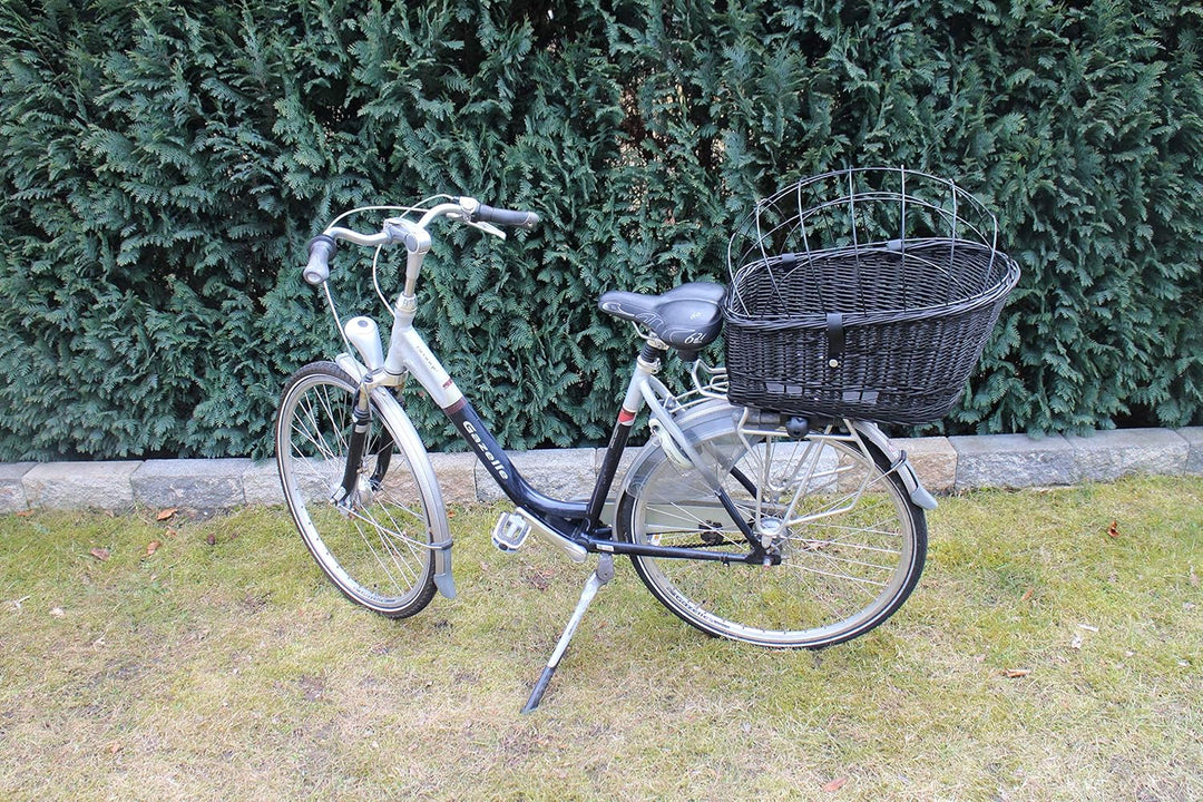 Hundefahrradkorb für Gepäckträger aus Weide mit Metallgitter und Kissen Schwarz XL oder XXL Gepäcktr