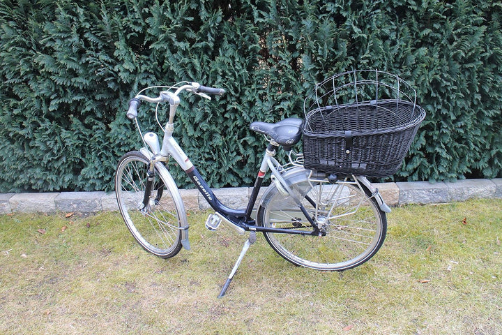 Hundefahrradkorb für Gepäckträger aus Weide mit Metallgitter und Kissen Schwarz XL oder XXL Gepäcktr