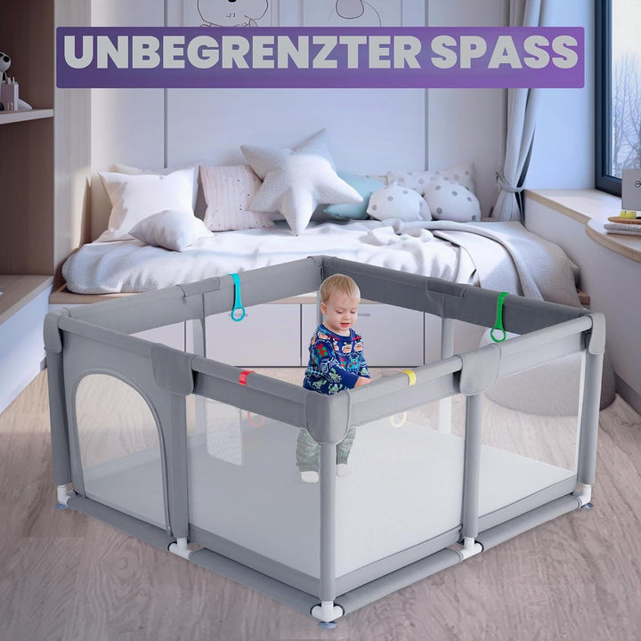 JUPPLIES Laufstall Baby 120×120 cm – Laufgitter mit seitlicher Tür &amp; atmungsaktivem Netz, rutschfest