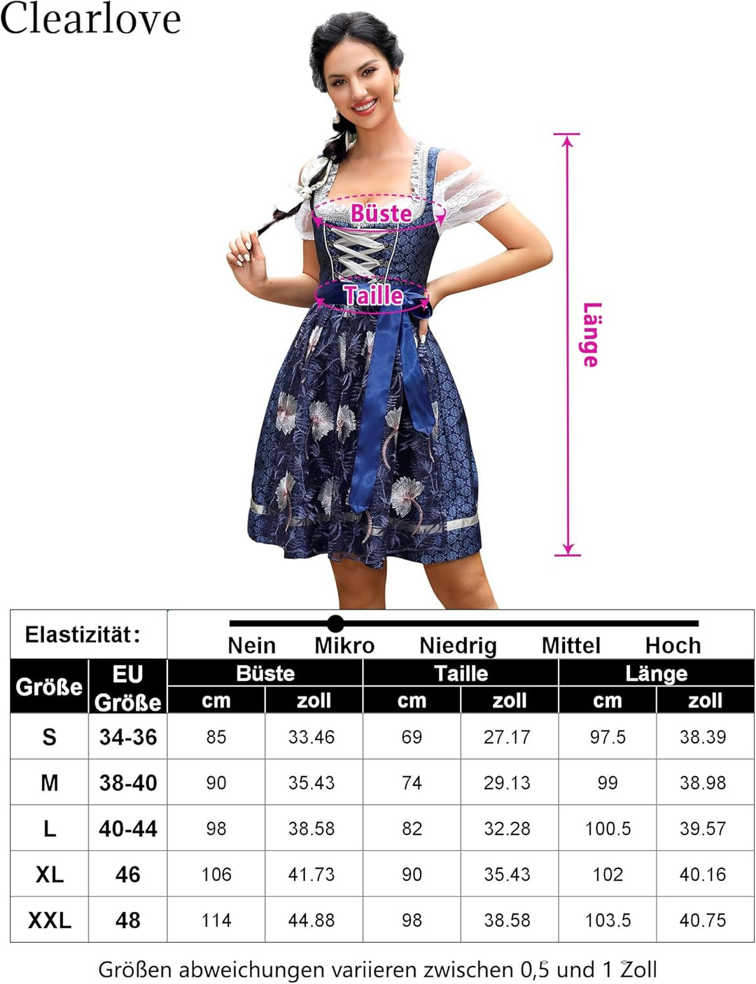 Clearlove Damen Dirndl midi 3tlg.Trachtenkleid für Oktoberfest,Karneval,DREI Teilig: Kleid, Bluse, S