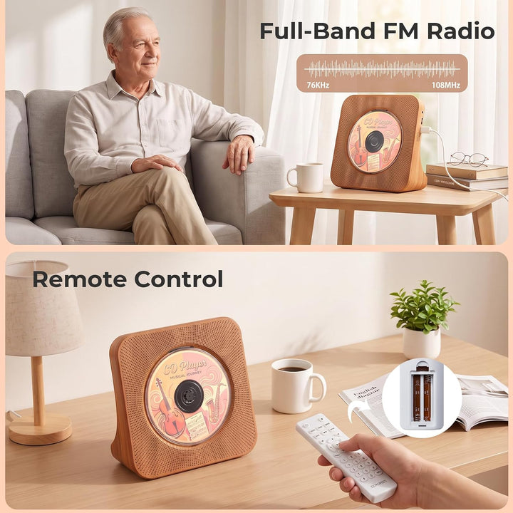 CD Player mit Lautsprecher, Bluetooth 5.0, Radio Holzoptik, Holzoptik