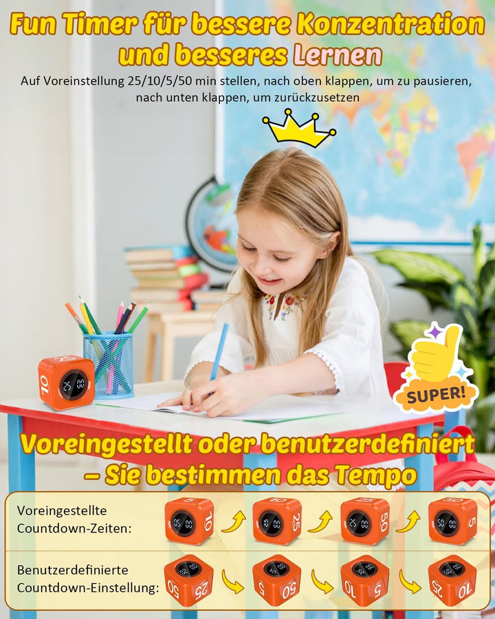 Pomodoro Timer Cube, Visueller Würfel-Timer für Kinder, Digitale LED Drehbarer Timer mit 5/10/25/50