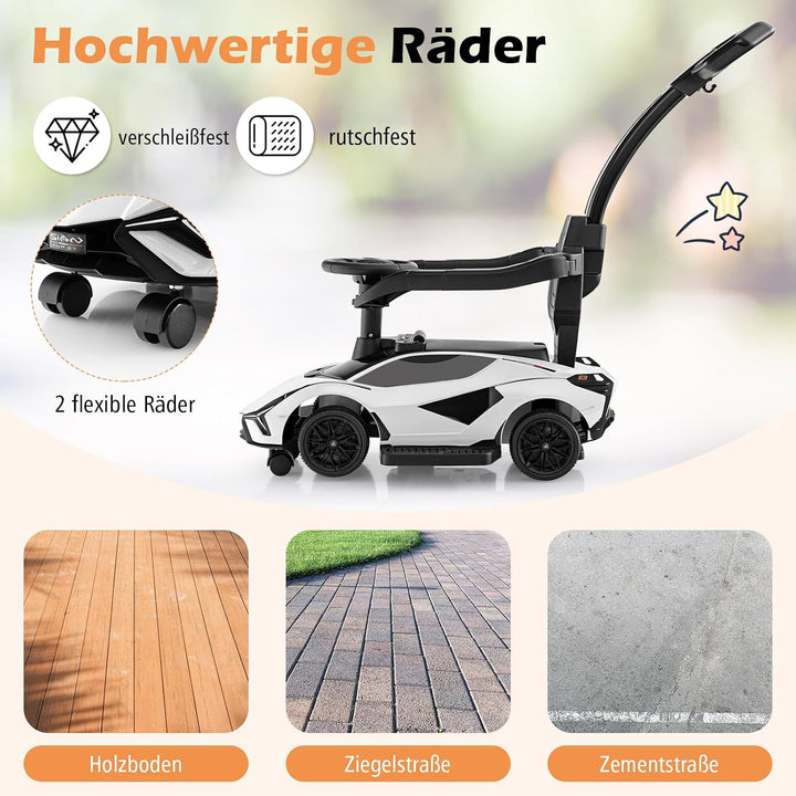 DREAMADE 3-in-1 Rutschauto Lamborghini, Rutschfahrzeug mit Schiebestange, Musik, Lichter &amp; Sicherhei