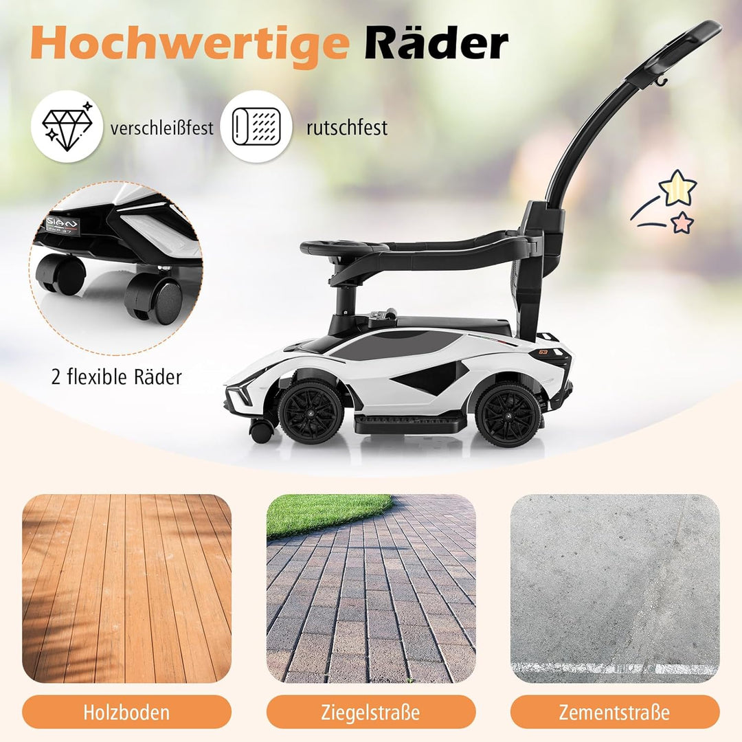 DREAMADE 3-in-1 Rutschauto Lamborghini, Rutschfahrzeug mit Schiebestange, Musik, Lichter & Sicherhei