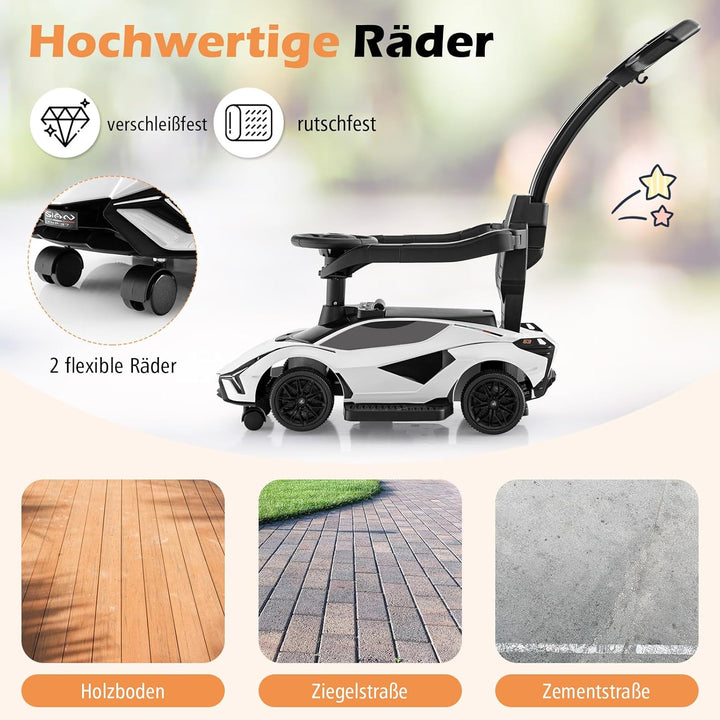 DREAMADE 3-in-1 Rutschauto Lamborghini, Rutschfahrzeug mit Schiebestange, Musik, Lichter & Sicherhei
