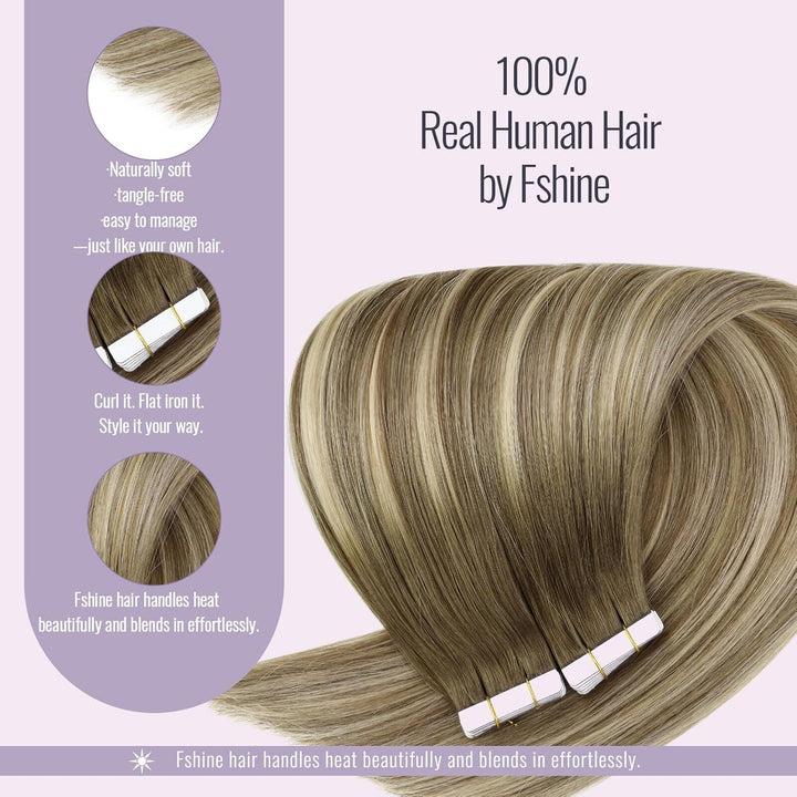 Fshine Tape Extensions Echthaar Skin Weft Tape Ins 20 Stück Balayage Mittelbraun übergehend in Plati