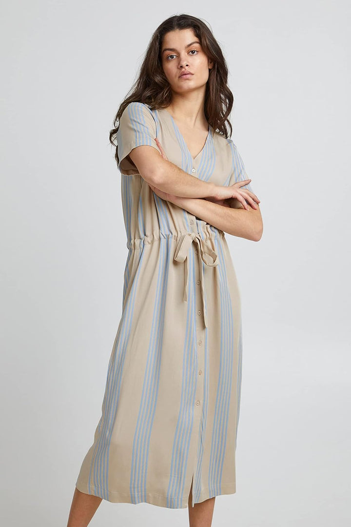 ICHI IHEA DRDamen Freizeitkleid Kleid mit V-Ausschnitt Kurzarm gestreift XL Doeskin (151308), XL Doe