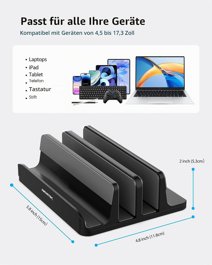 AboveTEK Vertikaler Laptopständer, Laptophalter für Laptop bis zu 17,3 ", 4 in 1, 3 Steckplätze Anti