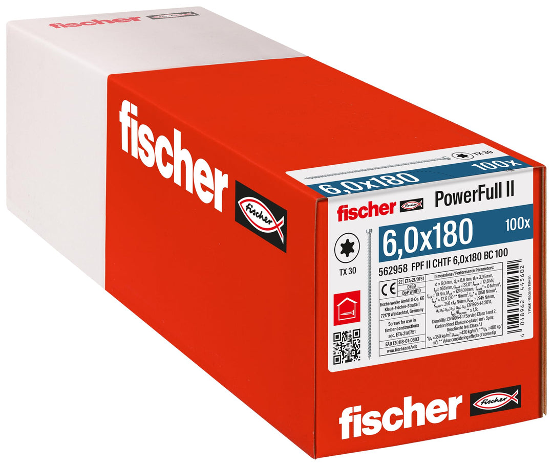 fischer PowerFull II 6,0 x 180, Premium Vollgewindeschraube (100 Stk.) mit innovativer Spitzengeomet