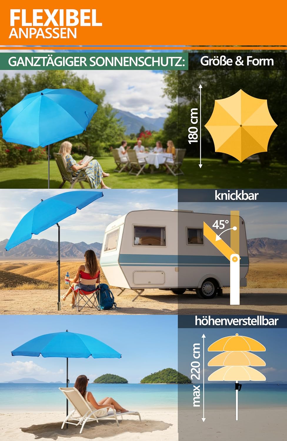4smile SunnyJoy Sonnenschirm Strand 180 cm, 3er Set - Strandschirm windfest stabil in Himmelblau, in
