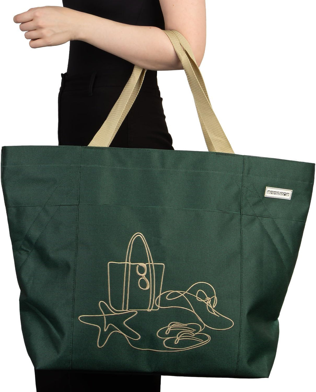 anndora XXL Shopper GREEN - Strandtasche 40 Liter Schultertasche Einkaufstasche dunkelgrün bestickt,