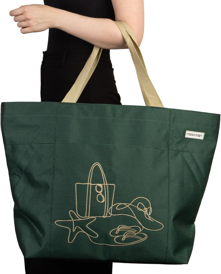 anndora XXL Shopper GREEN - Strandtasche 40 Liter Schultertasche Einkaufstasche dunkelgrün bestickt,