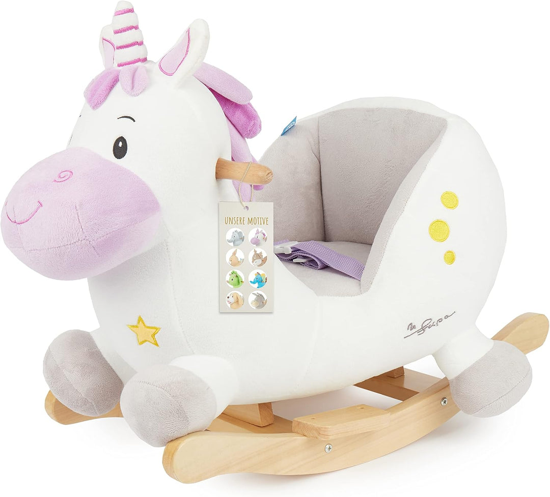 Bieco Plüsch Schaukeltier Einhorn, 60 cm | Kinder Schaukelstuhl mit Sicherheitsgurt | Baby Schaukel