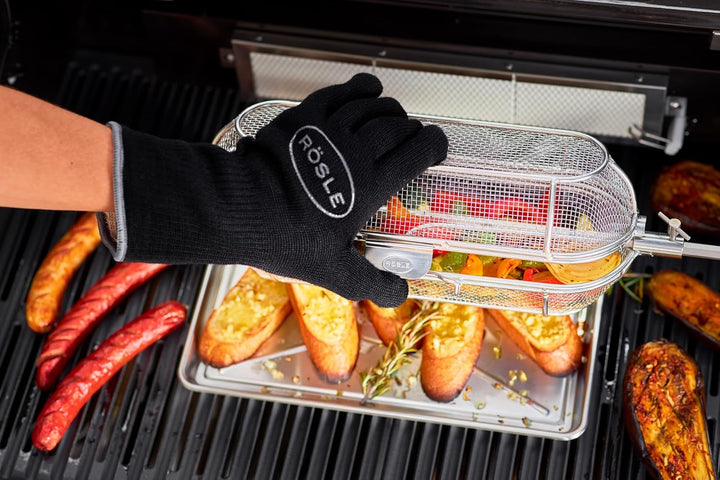 RÖSLE Drehspiesskorb, Hochwertiger Grillspiesskorb für Kartoffelspalten und Gemüsewürfel, passend zu