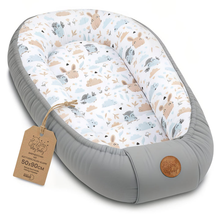 Babynest Kokon Neugeborene 90 x 50 cm - Handmade Kuschelnest Baby Nestchen aus Baumwolle Eulen Hellg