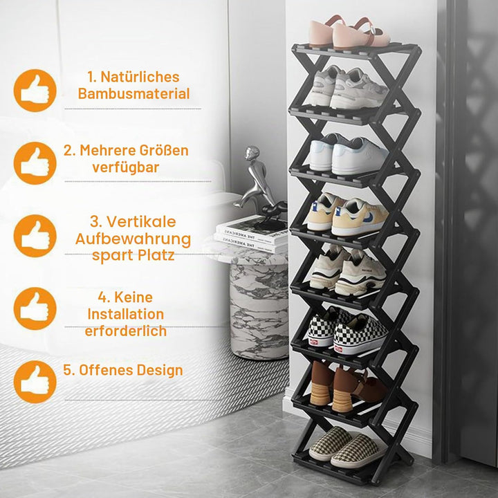 Kleines Schuhregal, schwarz, 5 Etagen, Bambus, faltbar, Schuh-Organizer, freistehendes Regal für Ein