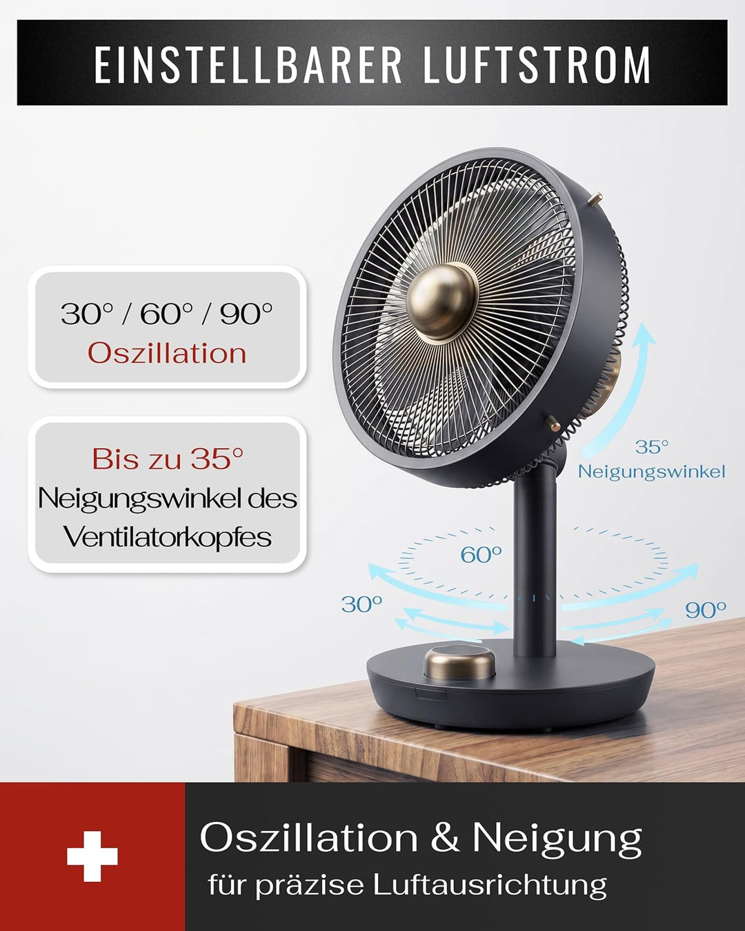 Premium Tischventilator, Ventilator leise aus Metall mit 12 Stufen, Digital-Display, 90° Oszillation