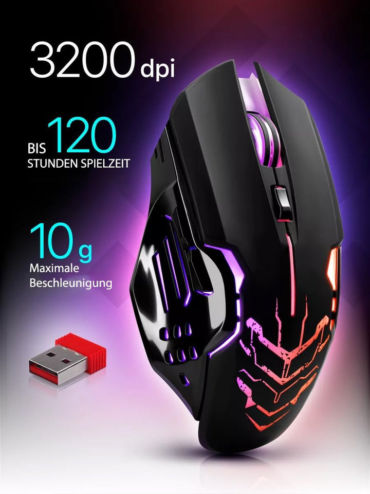Defender® Katana Kabellose Gaming Maus - Geräuschlose Klicks - 5 programmierbare Tasten - RGB-Beleuc